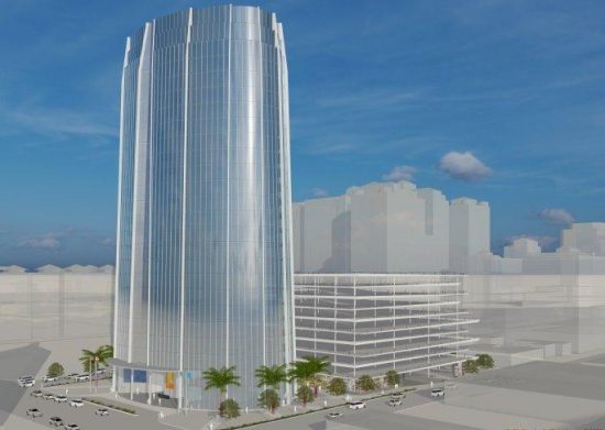                      The concept plan for the West Palm Beach tent site includes a 338-foot-tall office tower called West Palm Point, fronting on Quadrille Boulevard, between Okeechobee Boulevard and Lakeview Avenue. [Pelli Clarke Pelli Architects]                 