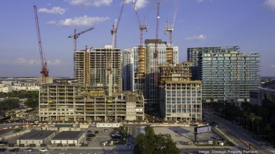 Water Street Tampa, shown here viewed from the western side of the district, is under construction on more than 5 million square feet of space.Strategic Property Partners