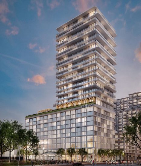 This rendering shows the exterior of the forthcoming Edition hotel in Tampa's Water Street district. It's expected to open in spring 2022. [ Strategic Property Partners ]. Designed by Morris Adjmi, AoR is Nichols Brosch Wurst Wolfe & Associates (NBWW).